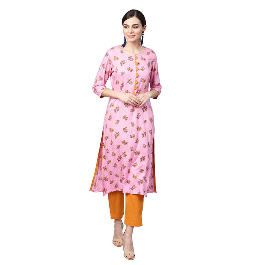 Idalia Women's Pink Rayon Kurta With Mustard Cotton Pants