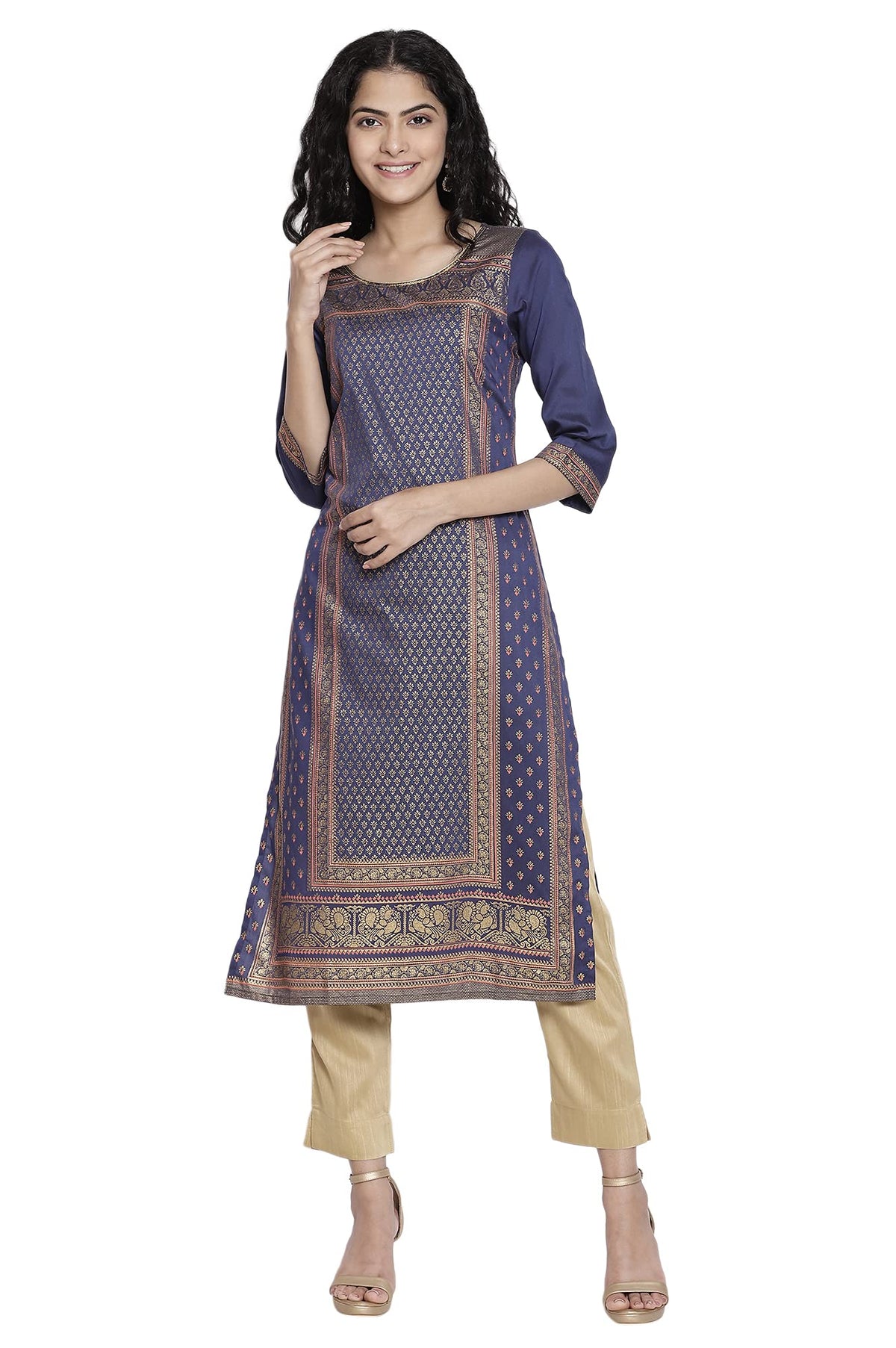 Aurelia WomenS Viscose Navy Geometric Round Neck Straight Kurta_21Aua11331-502655_S