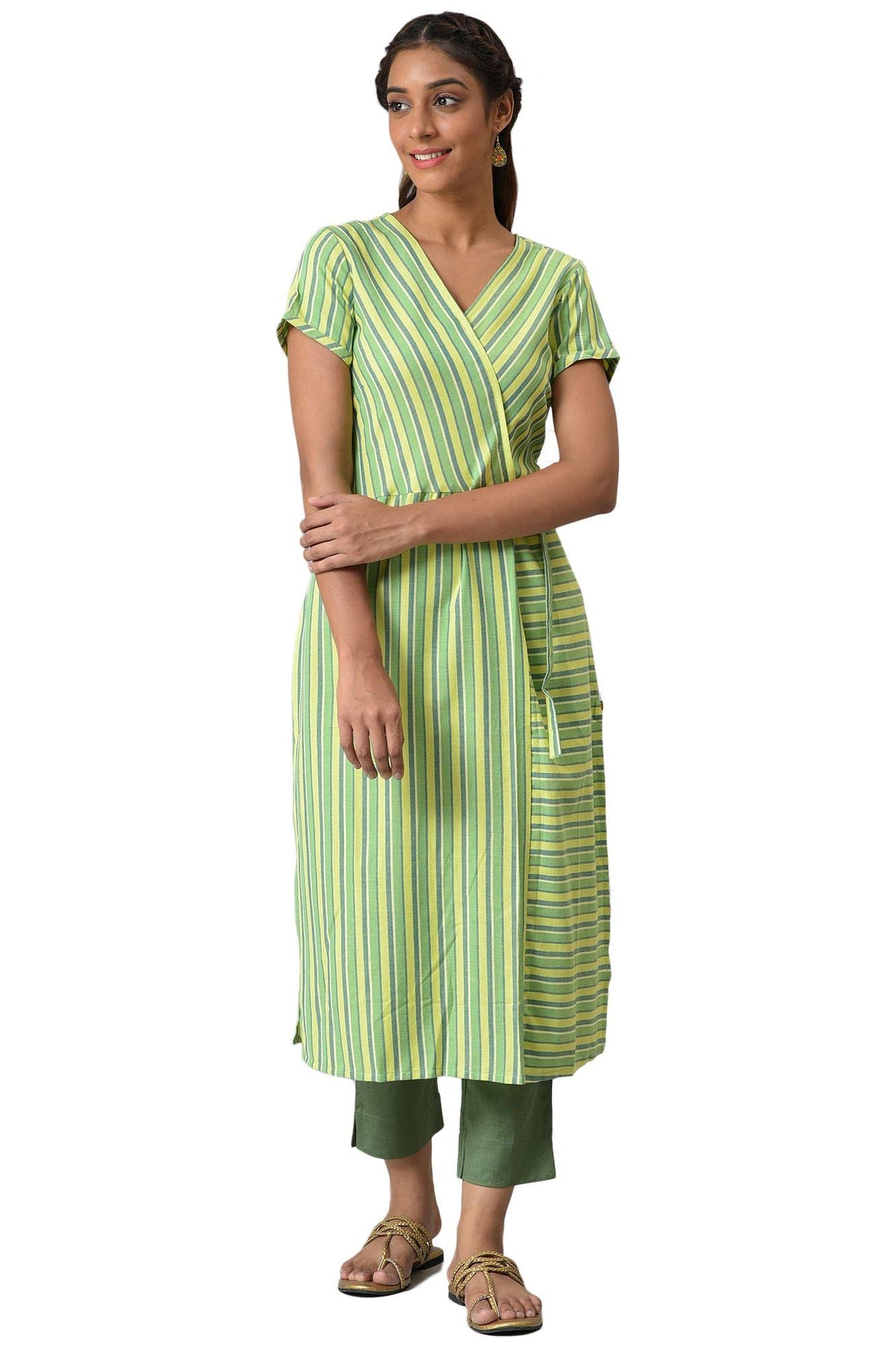 Green Stripe Print Cotton Kurta With Side Buckle