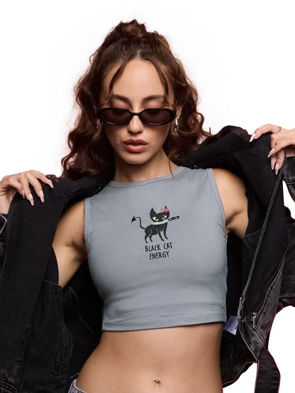 The Souled Store Tank Top: Black Cat Energy Women and Girls Round Neck Sleeveless Grey Embroidered Cotton Blend Slim Fit Tank To