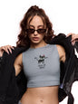The Souled Store Tank Top: Black Cat Energy Women and Girls Round Neck Sleeveless Grey Embroidered Cotton Blend Slim Fit Tank To