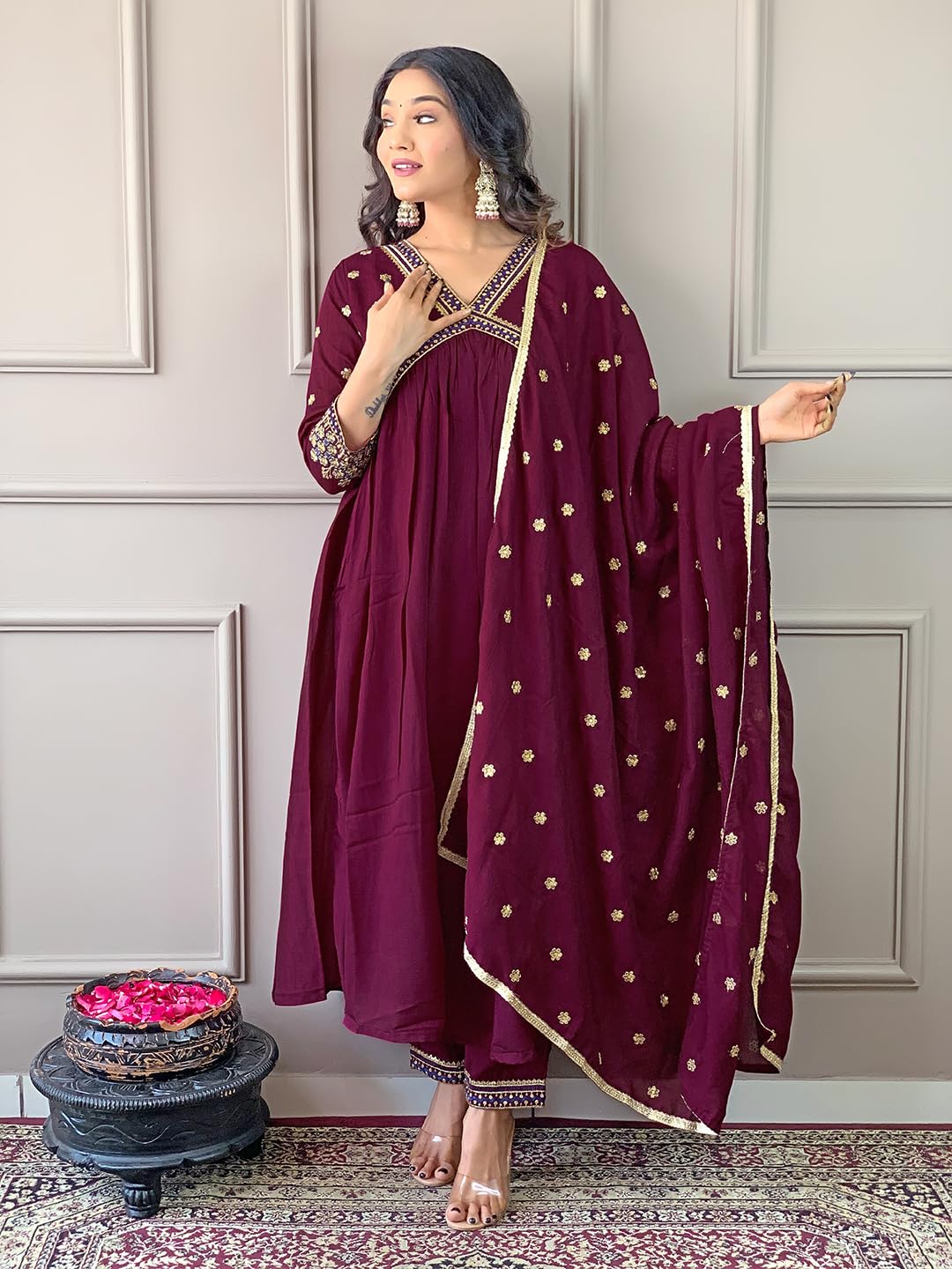 Naixa Womens Wine Vichitra Silk Embroidered A-line Kurta with Vichitra Silk Pant and Chinon Embroidered Dupatta Sets (NK-442-Wi