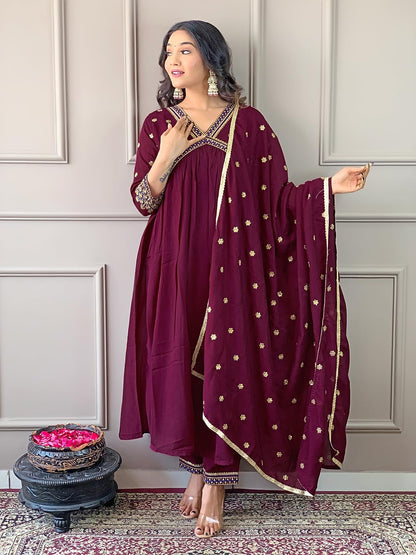Naixa Womens Wine Vichitra Silk Embroidered A-line Kurta with Vichitra Silk Pant and Chinon Embroidered Dupatta Sets (NK-442-Wi