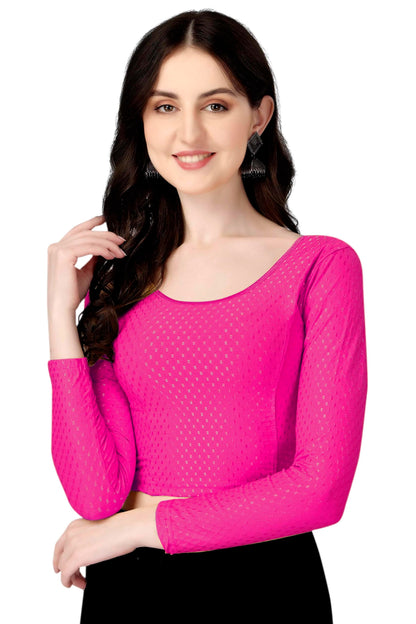 Shiv Textiles Round Neck Dobby Cotton Lycra Stretchable Elbow Sleeve Readymade Saree Blouse For Women Stylish (Pinkfree Size Ful