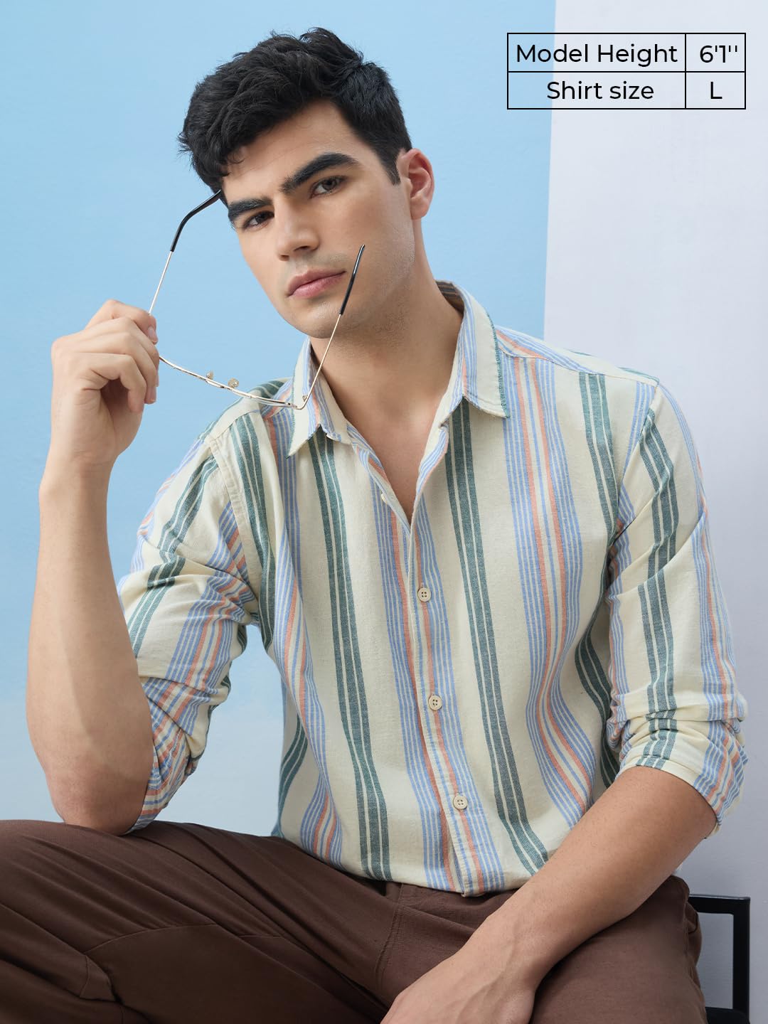 The Souled Store Cotton Linen Stripes: Sunset Lines Men and Boys Long Sleeve Collared Neck Button Front Multicolored Striped Reg