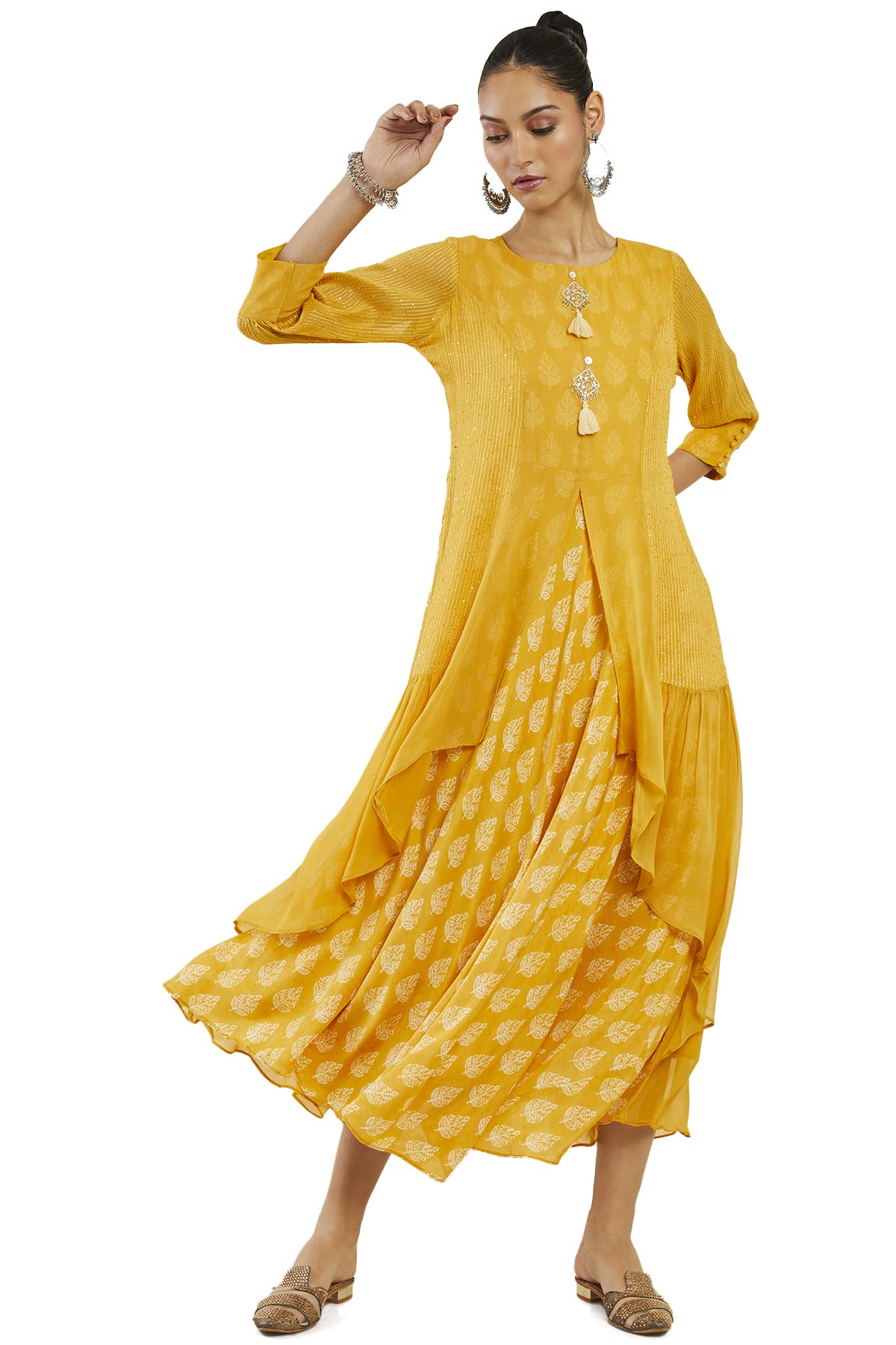 Soch Women Mustard Georgette Printed Dress Kurta