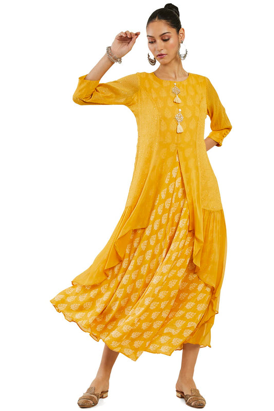 Soch Women Mustard Georgette Printed Dress Kurta