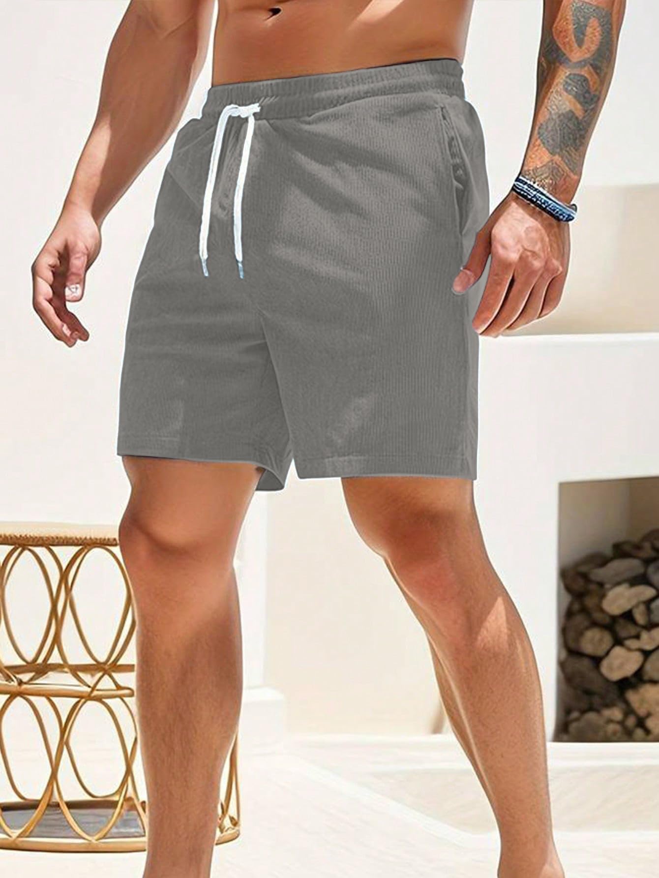 AVANOVA Mens Light Grey Solid Color Loose Fit Drawstring Short with Pockets, Casual Patch Pocket Waist Letter Print Shorts (Sho