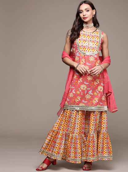 anubhutee Women's Cotton Coral Pink Gota Patti Floral Printed A-Line Kurta Suit Set with Sharara and Dupatta