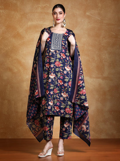 Varanga Floral Printed Thread Work Straight Kurta With Trousers & Dupatta