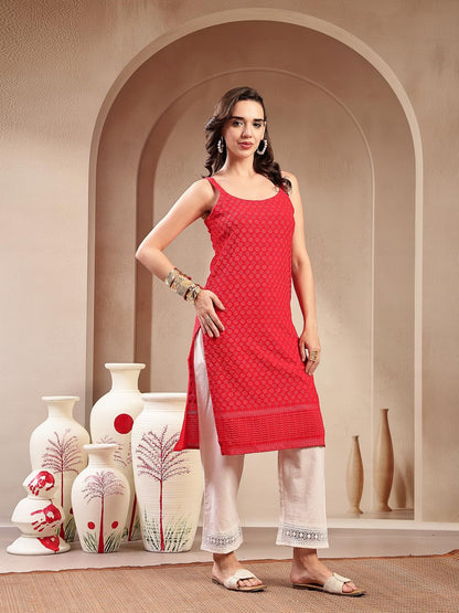 Stylum Womens Red Chikankari Rayon Straight Kurta