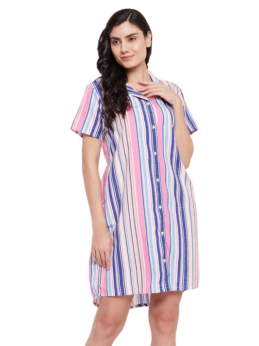 Clovia Womens Rayon Button Me Up Stripes Short Nightdress (NS1244J19_Multicolour_XL)