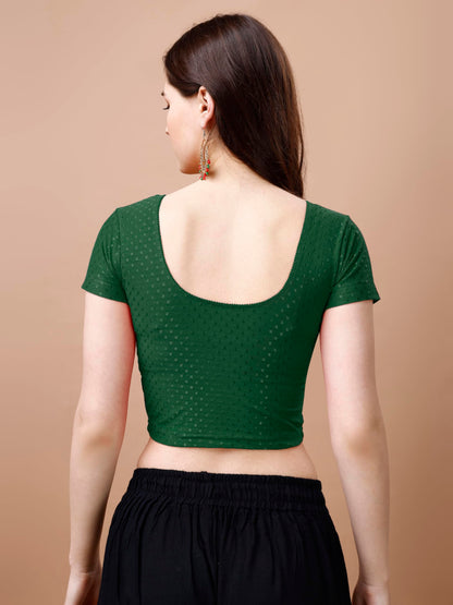 Pujia Mills Womens Readymade Dobby Cotton Lycra Stretchable Round Neck Short Sleeve Blouse Fancy Green Color Lycra Stretchable