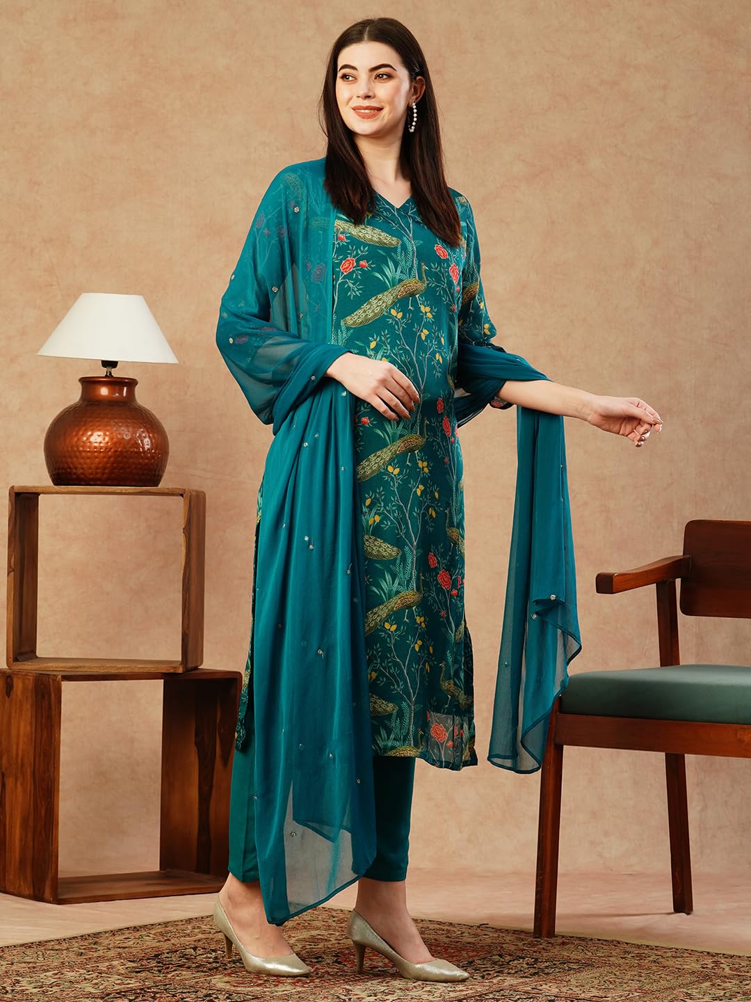 Gosriki WomenS Cotton Blend Straight Printed Kurta With Pant & Dupatta (Geto Rama-Nw-Gs_M_Green_Medium)