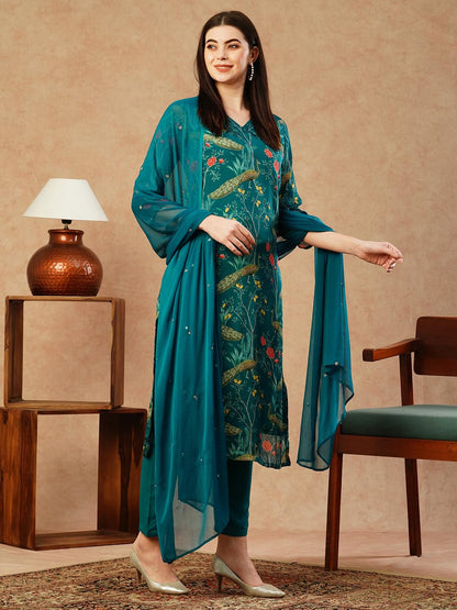 Gosriki WomenS Cotton Blend Straight Printed Kurta With Pant & Dupatta (Geto Rama-Nw-Gs_M_Green_Medium)