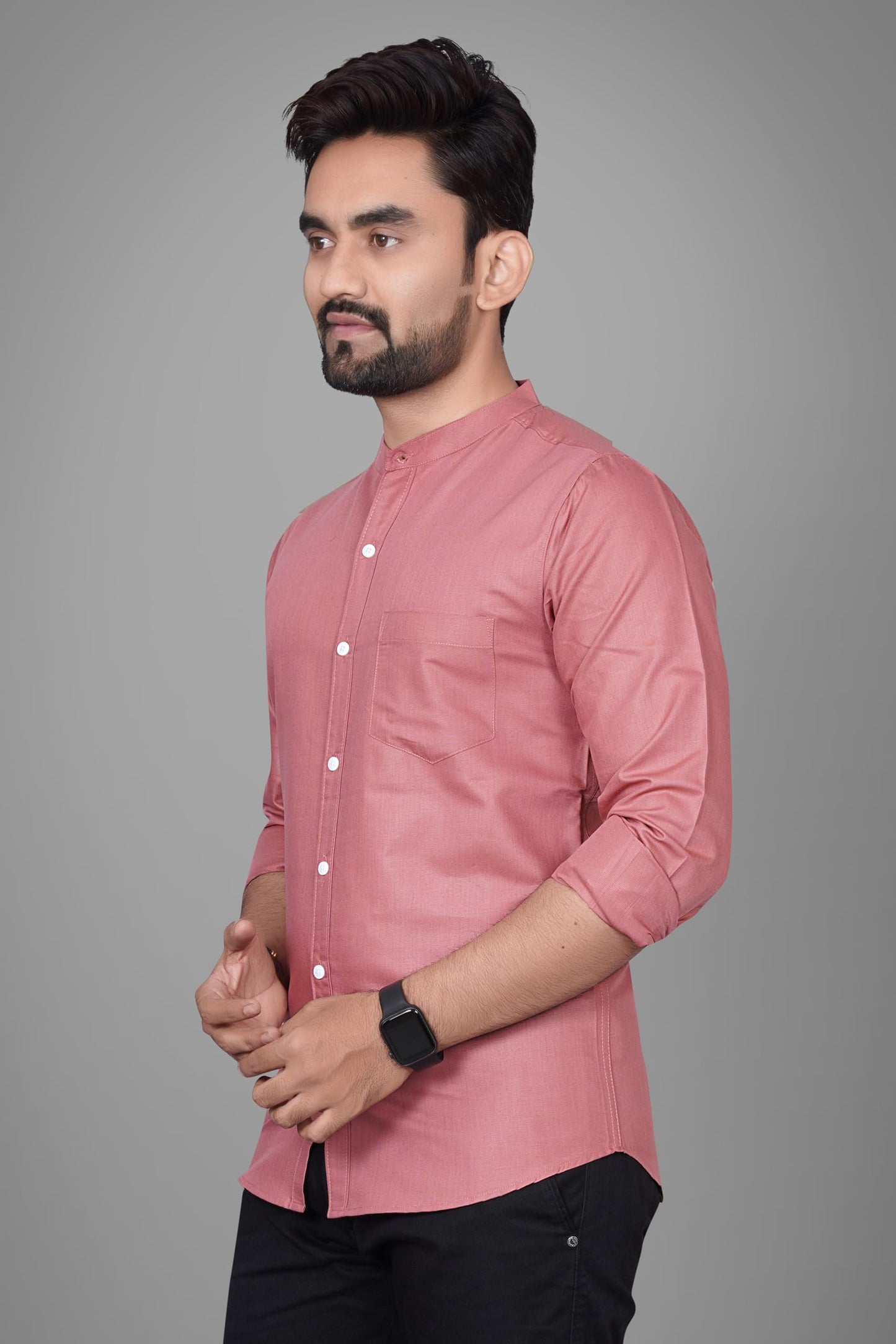 Besix MenS Cotton Solid Shirt With Mandarin Collared Full Sleeve Button Closure Curved Hem Straight Length And One Pocket | Mdr