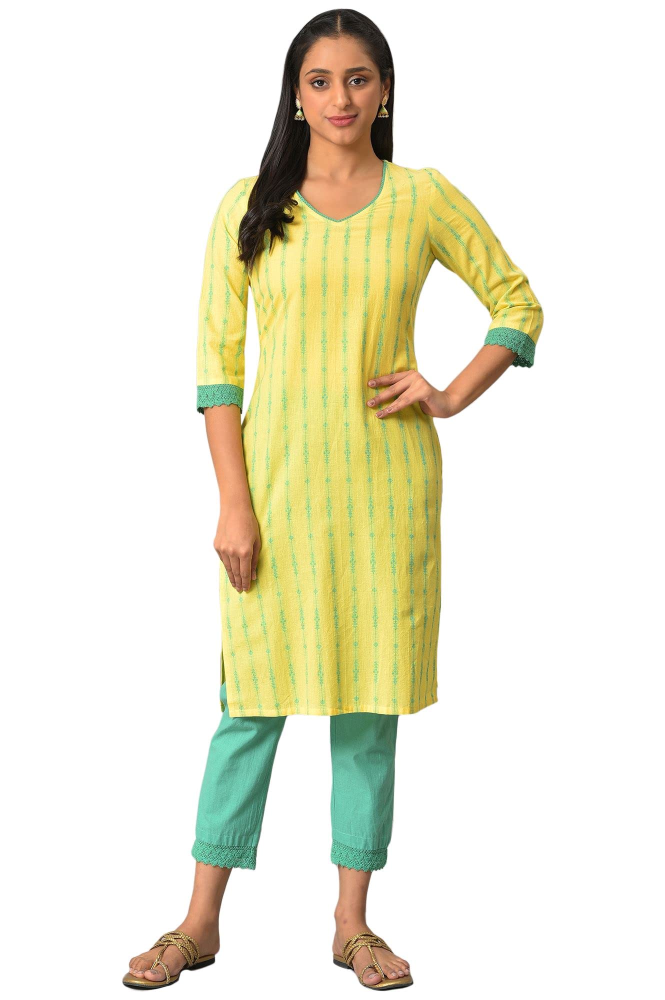 Yellow Cotton Dobby V-Neck Kurta