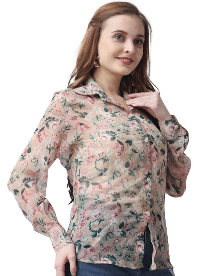 POPWINGS Printed Full-Sleeves Regular-Fit Polyester Printed Shirt for Women Stylish Western Casual Wear Beige