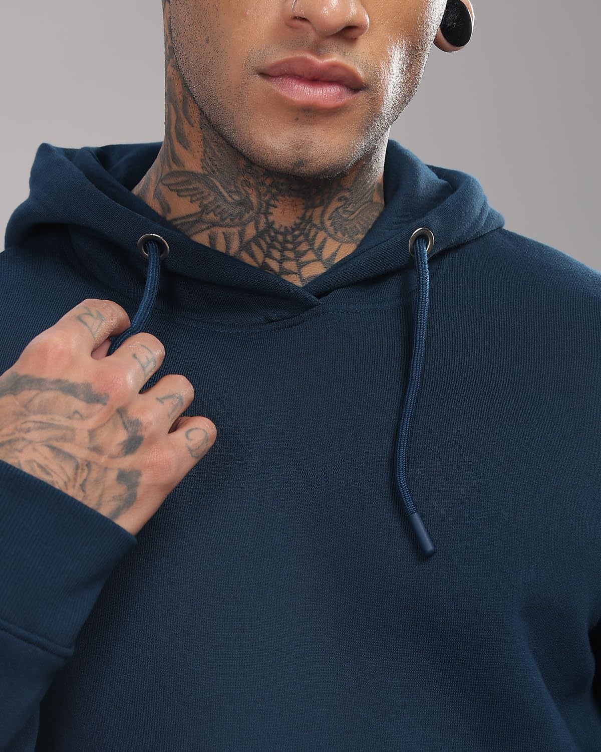 ADRO Men's Cotton Neck Hooded Sweatshirt (H24-M-PLN-SB_Teal