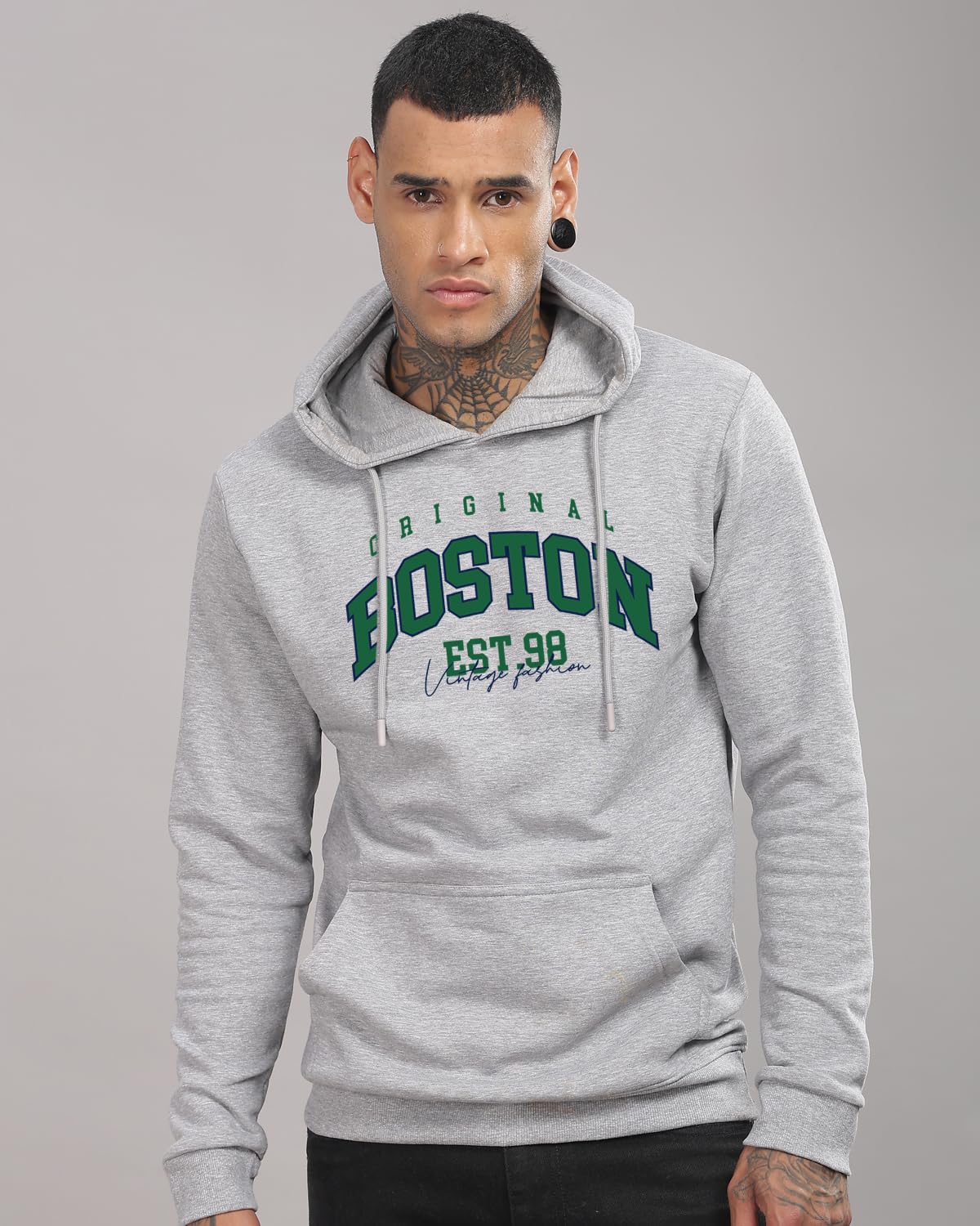 ADRO Men's Cotton Neck Hooded Sweatshirt (H24-BOST-GR_Grey