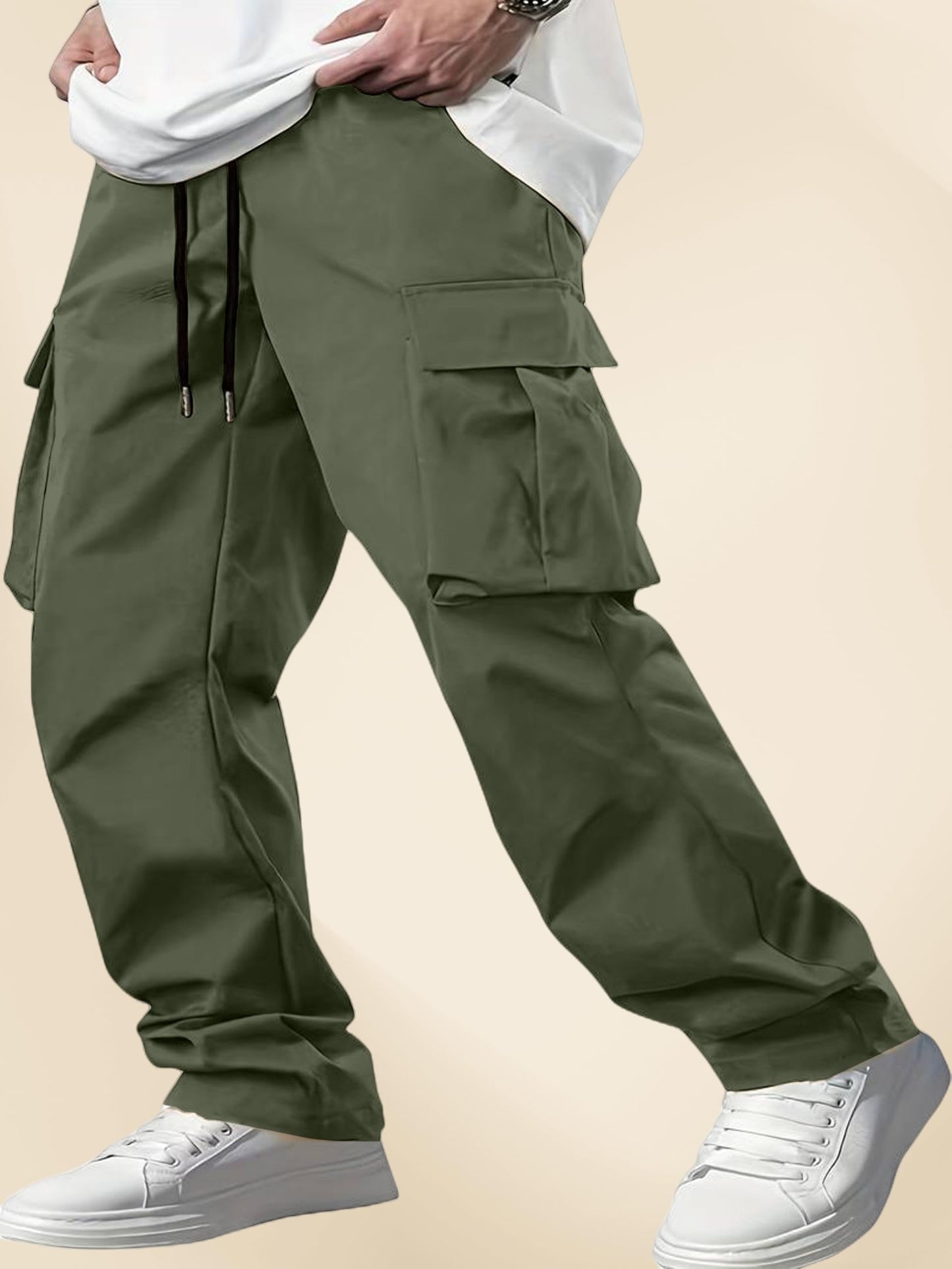 Indoprimo MenS Cotton Trousers Cargo Style With Drawstring Both Side Pockets Solid Pattern Regular Fit And Long Length Green