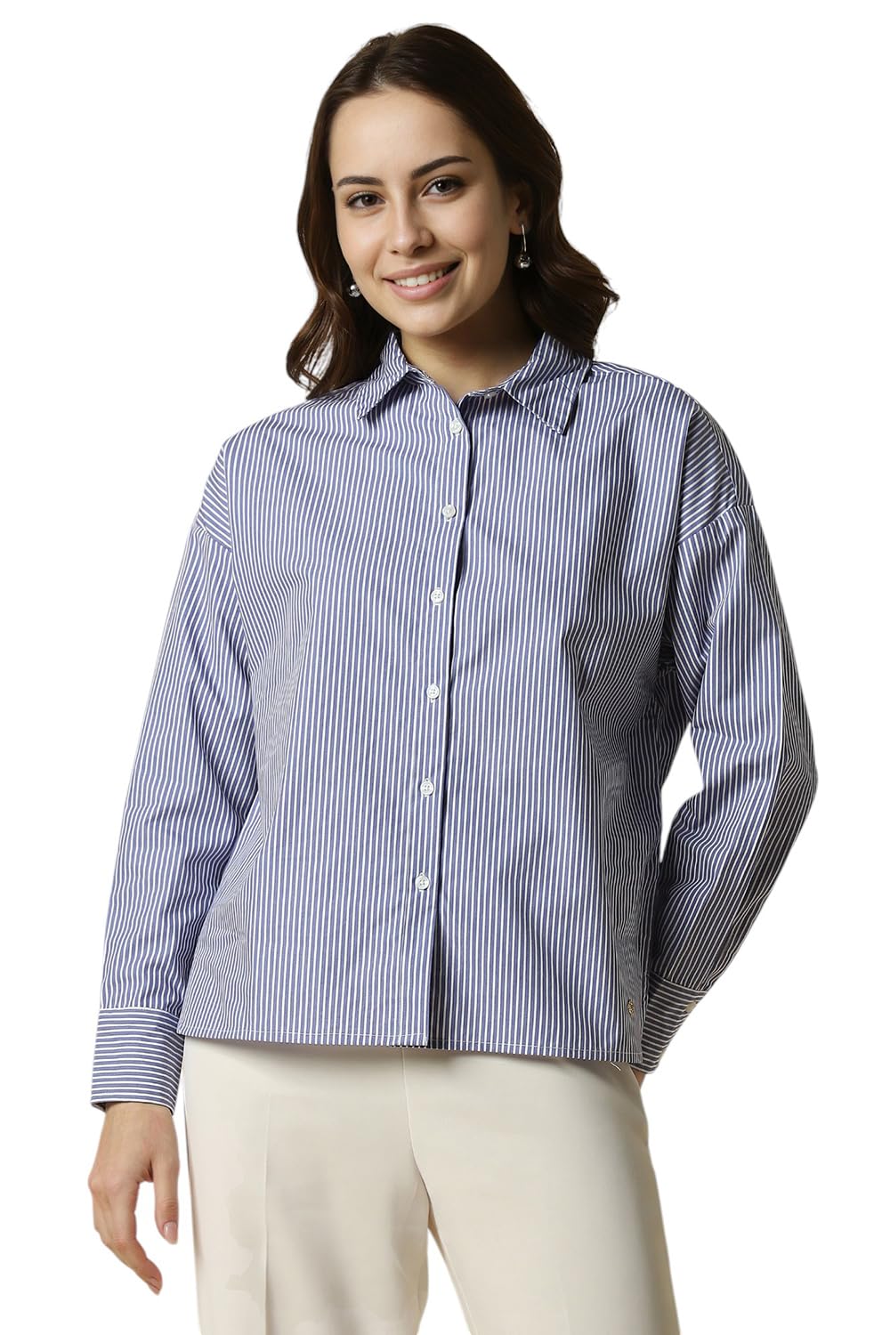 Allen Solly Women Striped Formal Cotton Full Sleeve Stretch T-Shirt