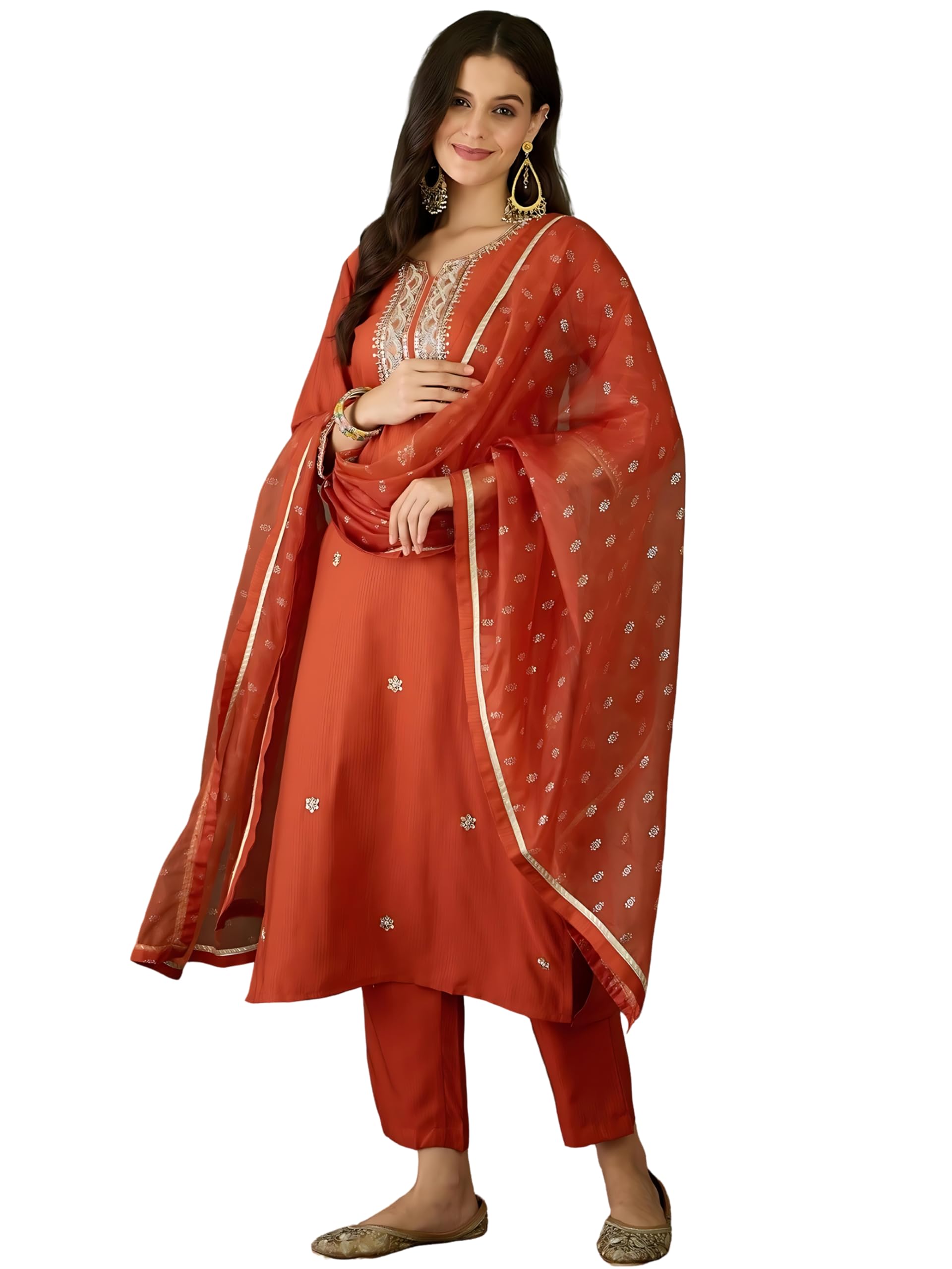 Naixa WomenS Rayon Embroidered Straight Kurta Pant Dupatta Set  Ethnic Wear, 3-Piece Set For Wedding And Festival (Nx-785-Rust-