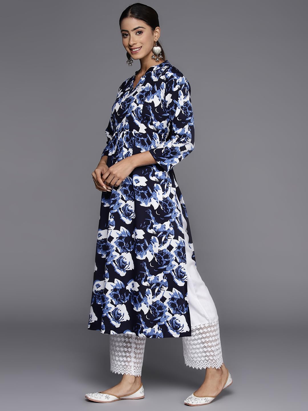 Varanga Navy Blue Floral Printed Mandarin Collar with Slit, Three Quarter Sleeves A-Line Kurta with Side Slits