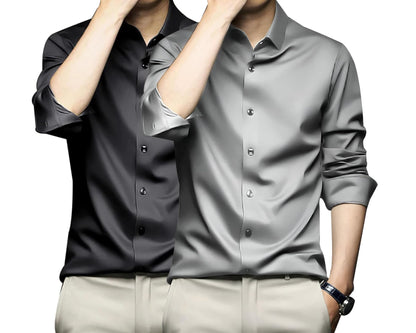 Deelmo Combo Of MenS Stylish Solid Satin Casual Shirt For Men Full Sleeves| Poly Satin Silk Shirt Pack Of 2 Black-Silver