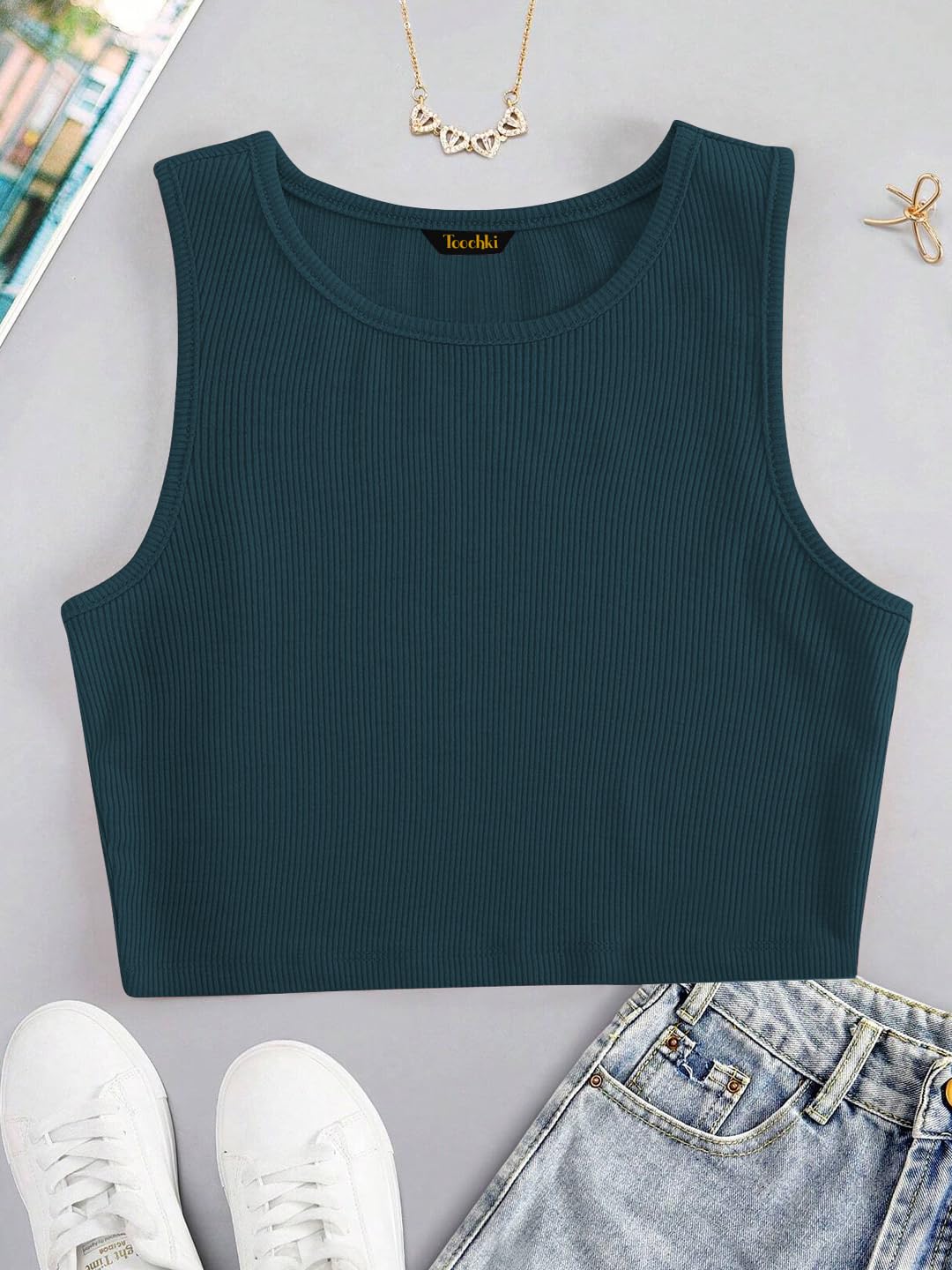 Toochki Tops for Woman | Spandex Top | Crop | Short | Western | for Jeans | Sleeveless | Stretchable | Dark Green