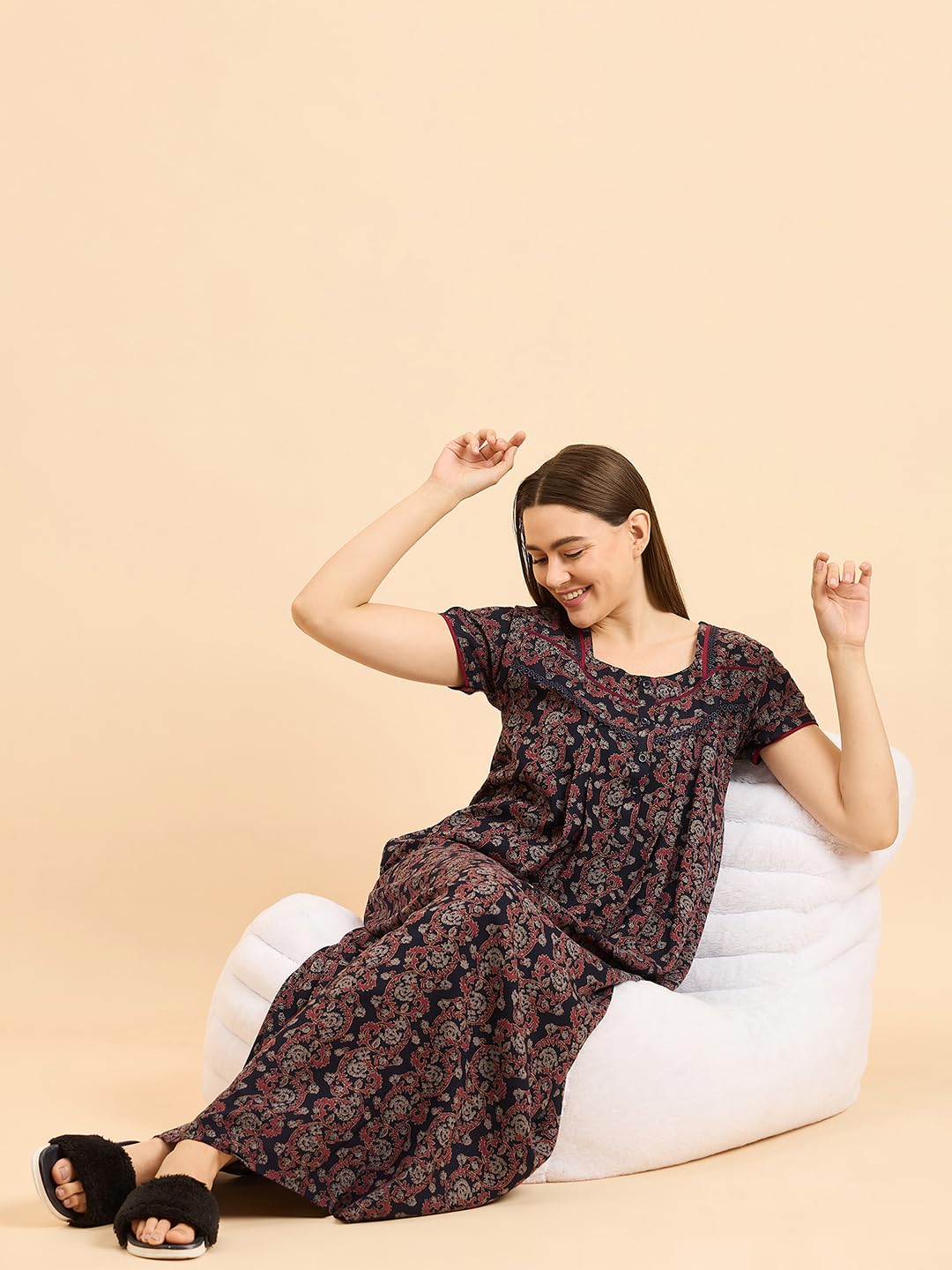 Sweet Dreams Women Printed Night Dress Navy Blue