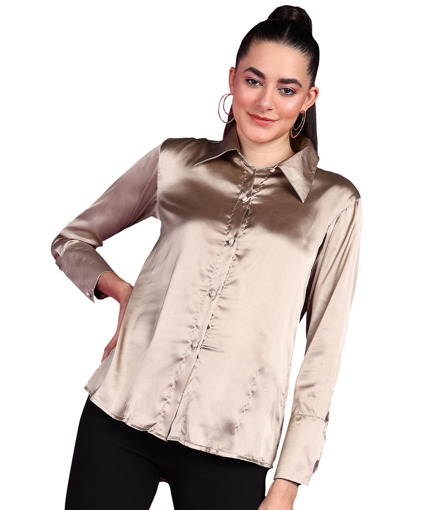 POPWINGS Women Polyester Solid Satin Shirt | Satin Shirts Stylish Western| Regular Fit and Full-Sleeves Casual and Semi-Formal S