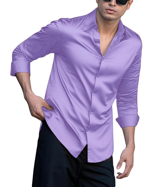 Indoprimo MenS Casual Button Down Long Sleeve Satin Plain Shirt