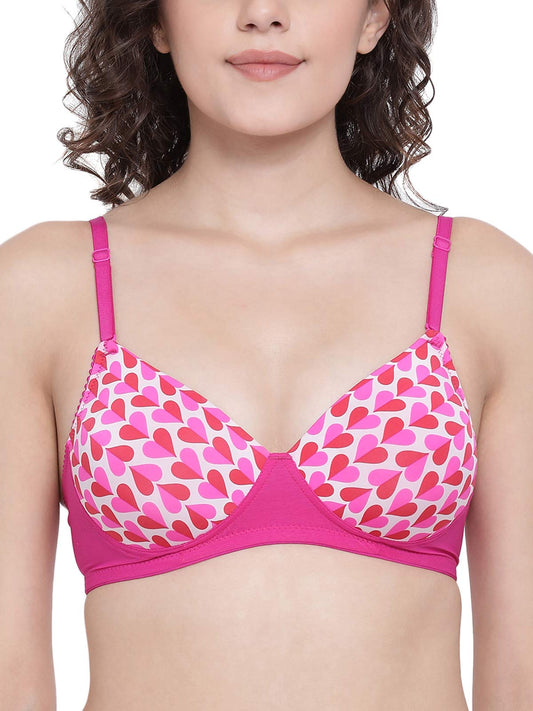 Clovia Womens Nylon Padded Non-Wired Heart Print Full Coverage T-Shirt Bra (BR1866E14_Pink_32C)