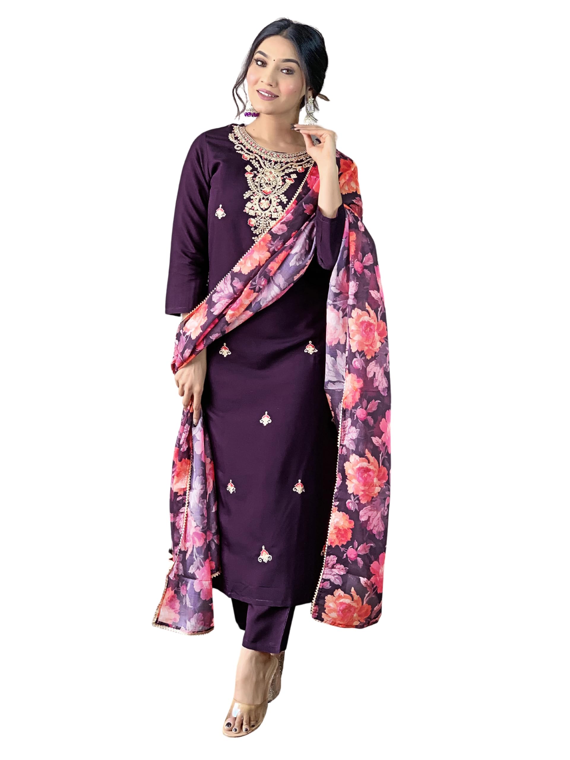 Naixa Womens Wine Rayon Blend Embroidered and Printed Straight Kurta with Rayon Blend Pant and Organza Printed Dupatta Sets (NX