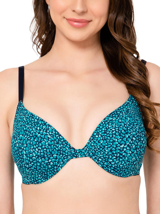 Clovia Womens Polyamide Printed Padded Demi Cup Underwired Push-Up Bra (BR2506P36_Turquoise_32E)