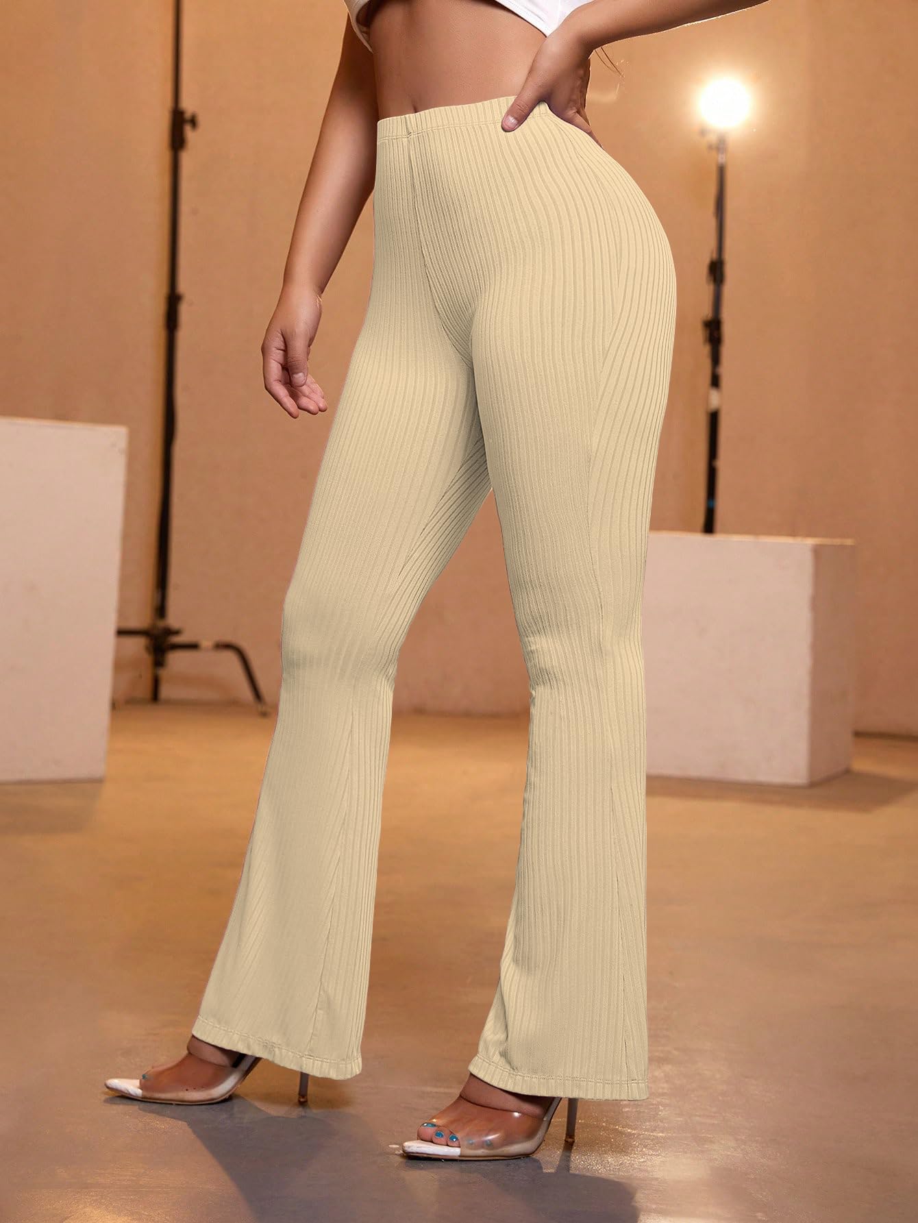 AVANOVA Skin Beige Womens Yoga Dress Pants Stretchy Work Slacks Business Casual Office Flare Bell-Bottom/Boot-Cut Elastic Waist