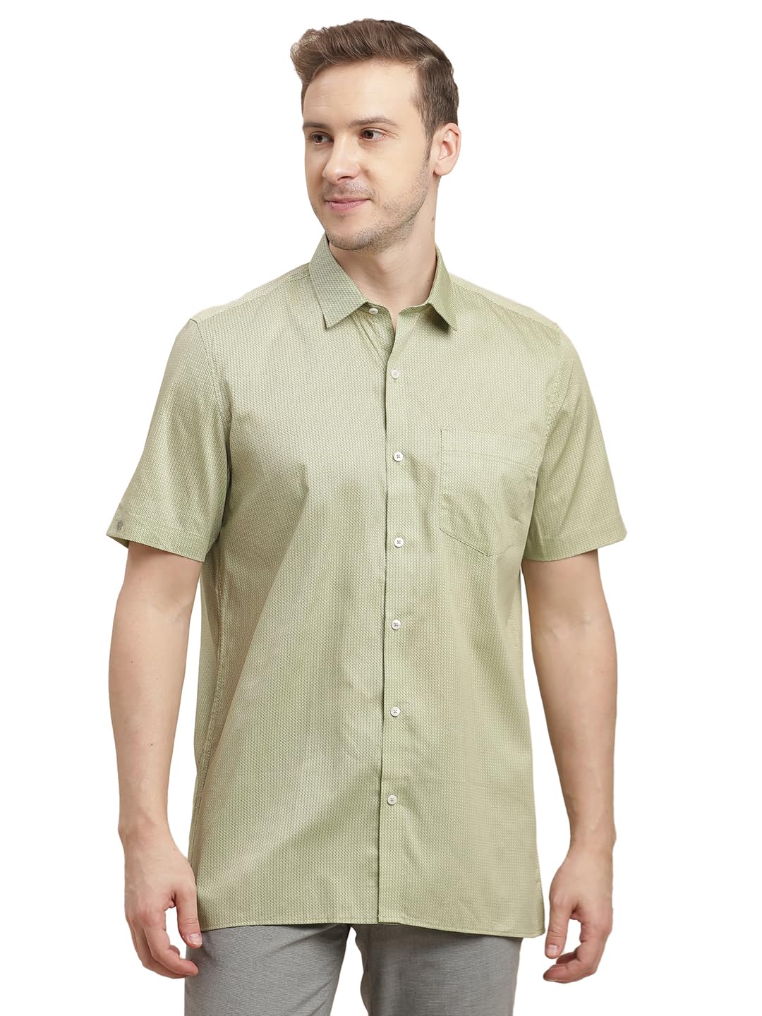 Turtle Men 100% Cotton Regular Fit Olive Printed Half Sleeve Formal Shirt