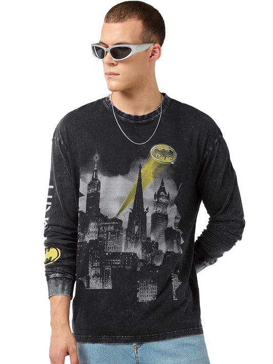 Bewakoof Official DC Merchandise Batman Mens Graphic Printed Oversized Fit Full Sleeve Round Neck Cotton T-Shirt_689746_Black_M