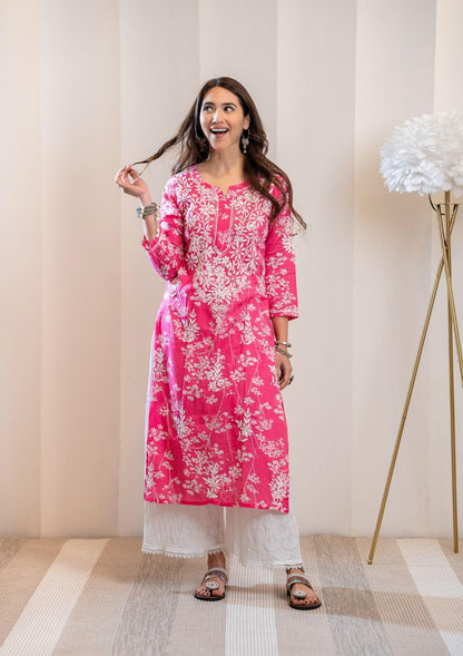 GoSriKi Ladies Cotton Blend Chikankari Kurta Set, Pink, Size 44, Model ZAINAB