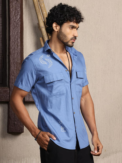 Thomas Scott Short Sleeve Double Pockets Self Printed Casual Shirts for Mens Blue