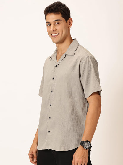 Thomas Scott Regular Fit Self Design Textured Cuban Collar Casual Shirt for Mens Grey