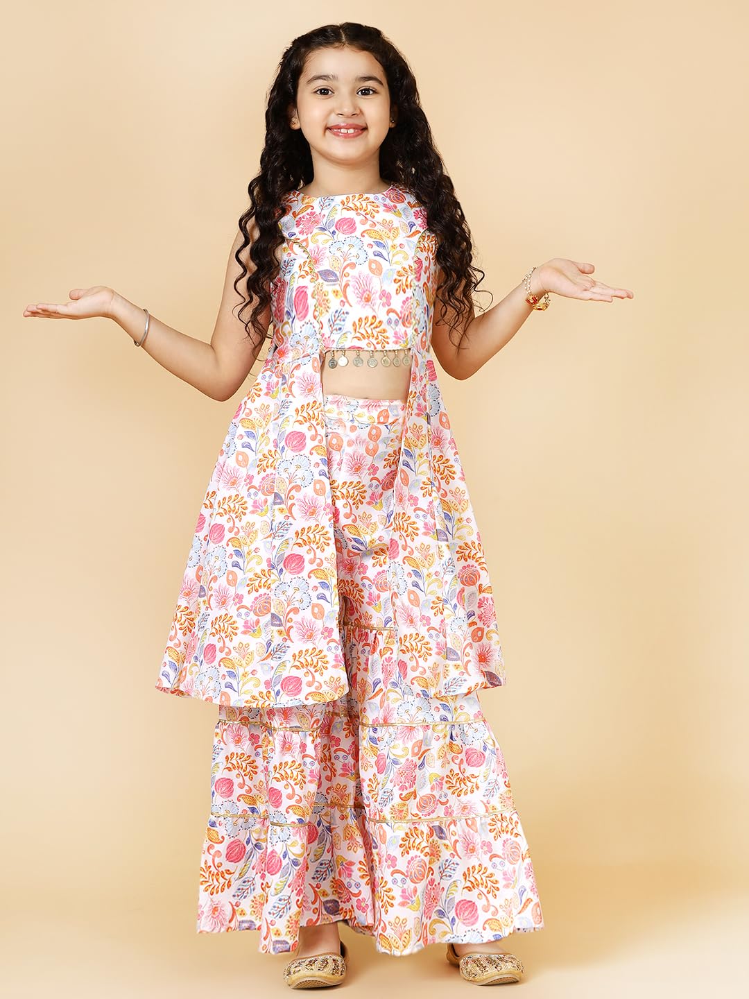 A.T.U.N. (ALL THINGS UBER NICE) Girls Peach Printed Tier Sharara Set