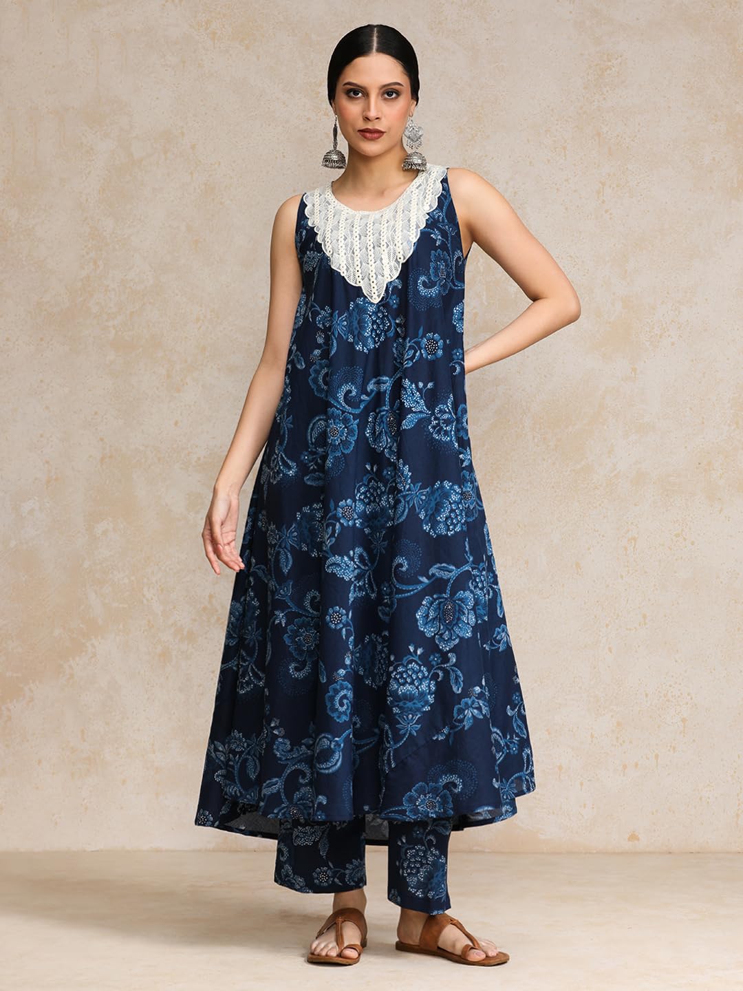 Varanga Floral Printed Mirror & Thread Embroidered Yoke Anarkali Kurta With Trouser