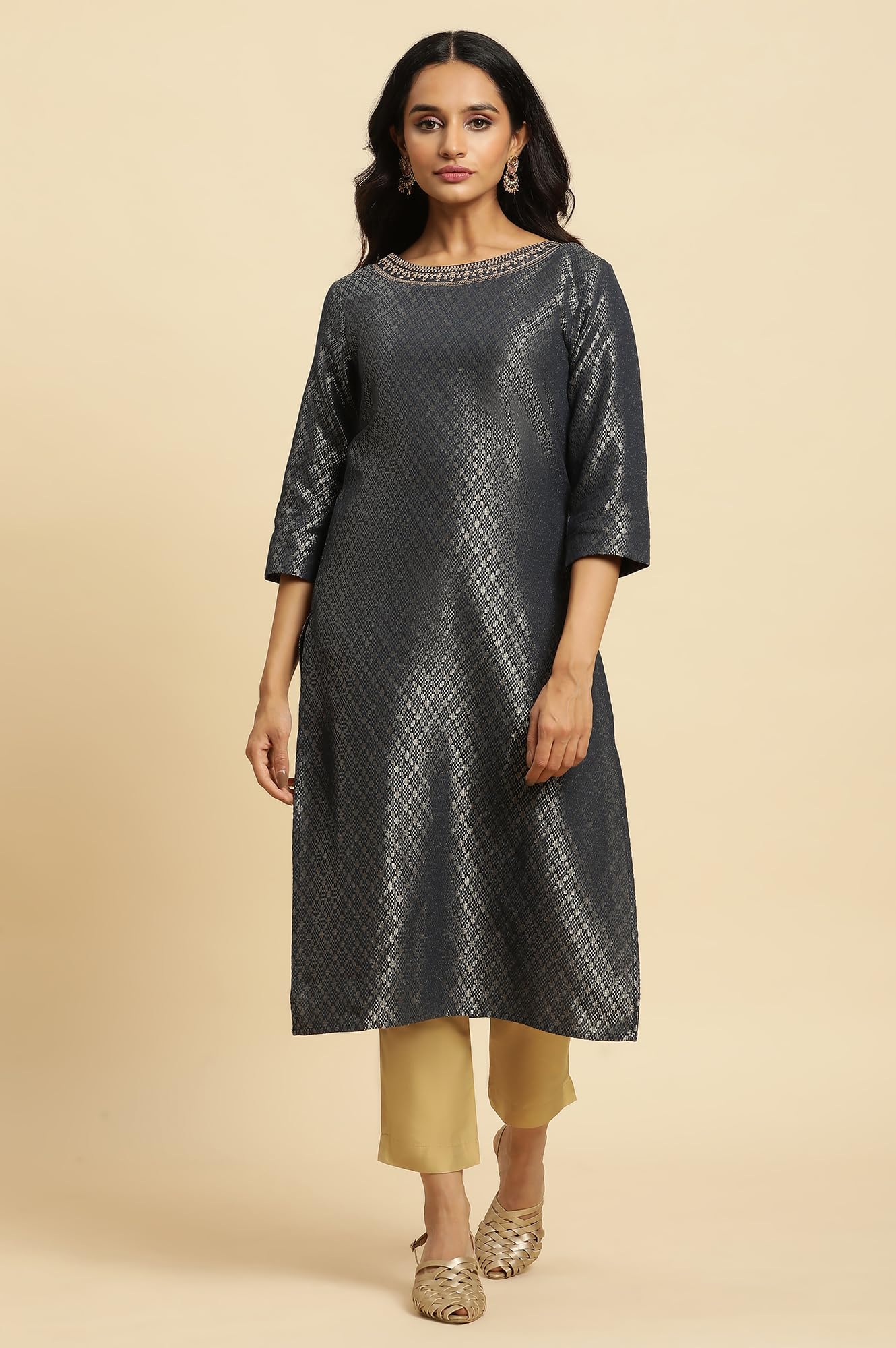 W For Woman WomenS Cotton Blend Solid Regular Kurta (23Auw12748-313366_Dark Grey