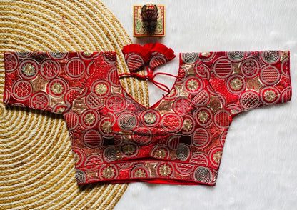 Vihu Fashion Womens Blouse Readymade Blouse Embroidery Multi Coding Gold Thread Blouses Handwork Red Color Readymade Saree Blou