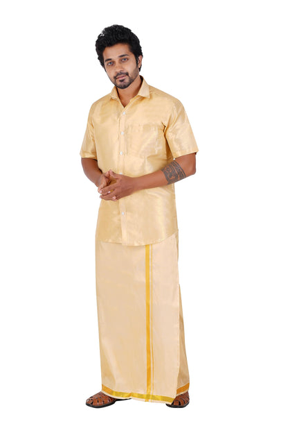 PRAKASAM COTTON-Mens Art Silk Tissue Wedding Set/Art Silk Tissue 8 Mulam (8-Yard) Dhoti and Stitched Half Sleeve Shirt