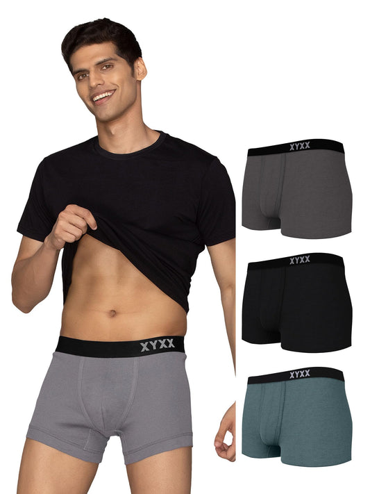 XYXX Mens Pure Cotton Solid (Pack of 4) (CR5_Trunk_Pack of 4_3_Ash Charcoal Grey+Black Knight+Olive Green