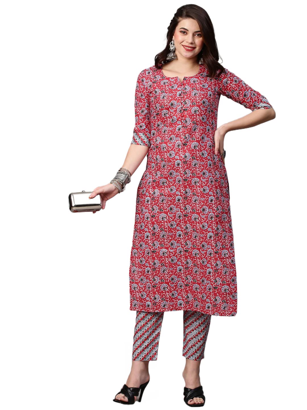 ANNI DESIGNER Women's Cotton Blend Printed Straight Kurta with Pant (Janar Red-Nw01)