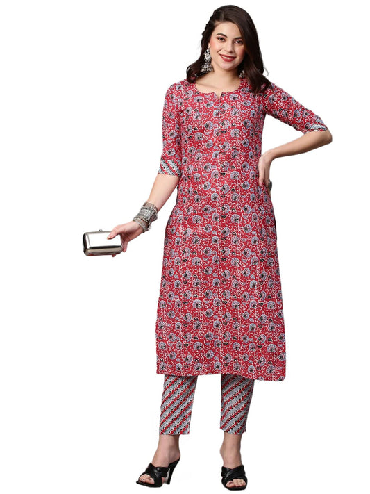 ANNI DESIGNER Women's Cotton Blend Printed Straight Kurta with Pant (Janar Red-Nw01)